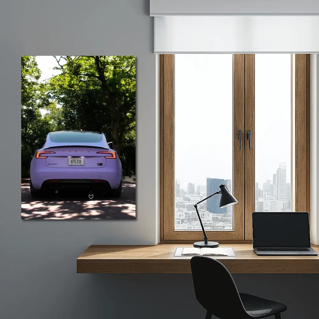 Purple Tesla Model Three Tree Lined Street – Wall Art