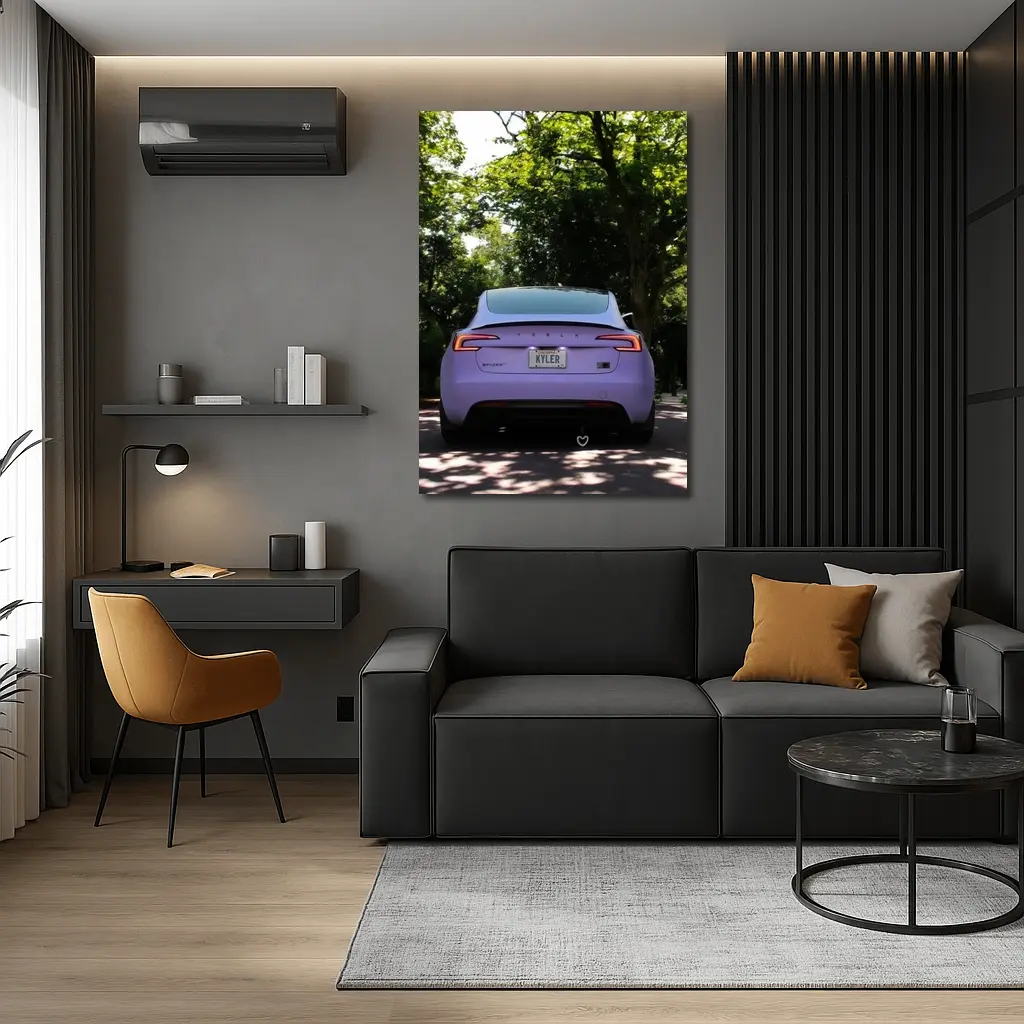Purple Tesla Model Three Tree Lined Street – Wall Art