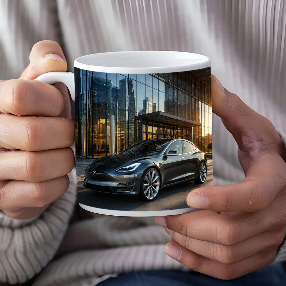 Tesla Model S Gray City Glass Building – Mugs