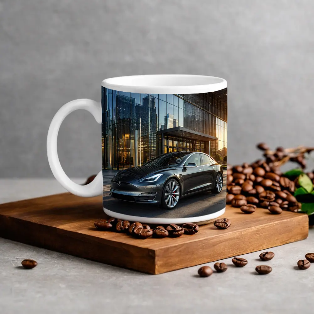 Tesla Model S Gray City Glass Building – Mugs