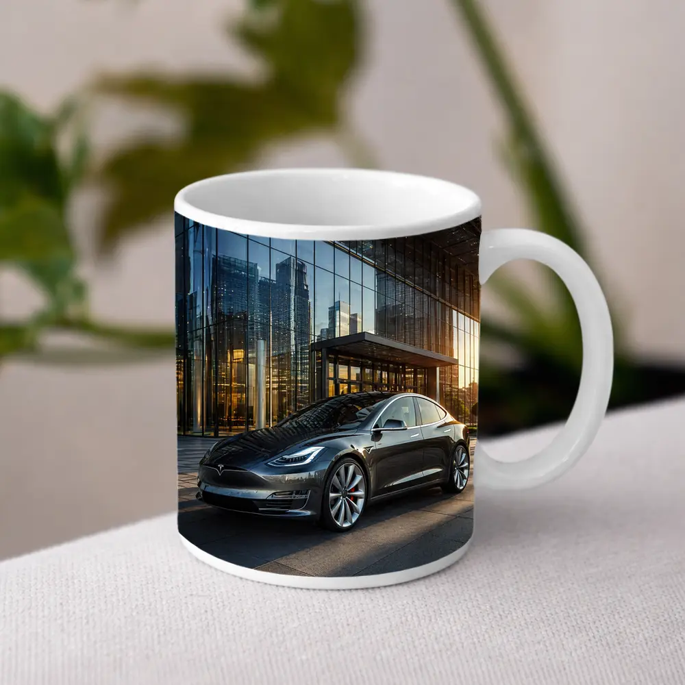 Tesla Model S Gray City Glass Building – Mugs