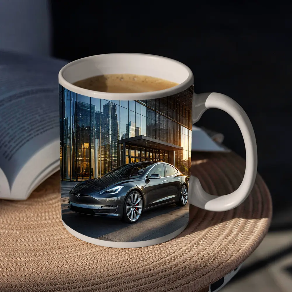 Tesla Model S Gray City Glass Building – Mugs