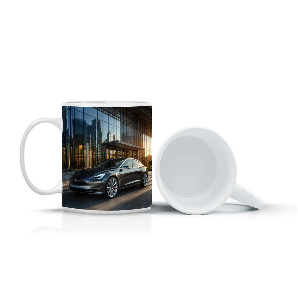 Tesla Model S Gray City Glass Building – Mugs
