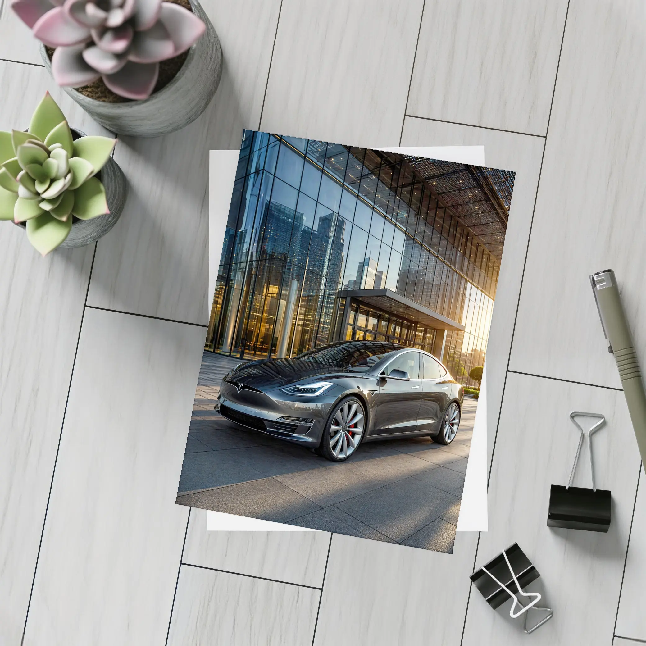Tesla Model S Gray City Glass Building – Postcards