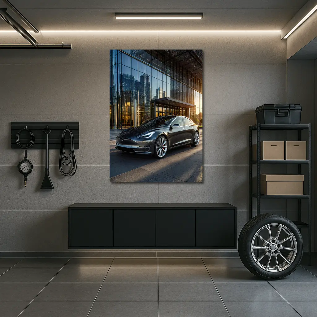 Tesla Model S Gray City Glass Building – Wall Art
