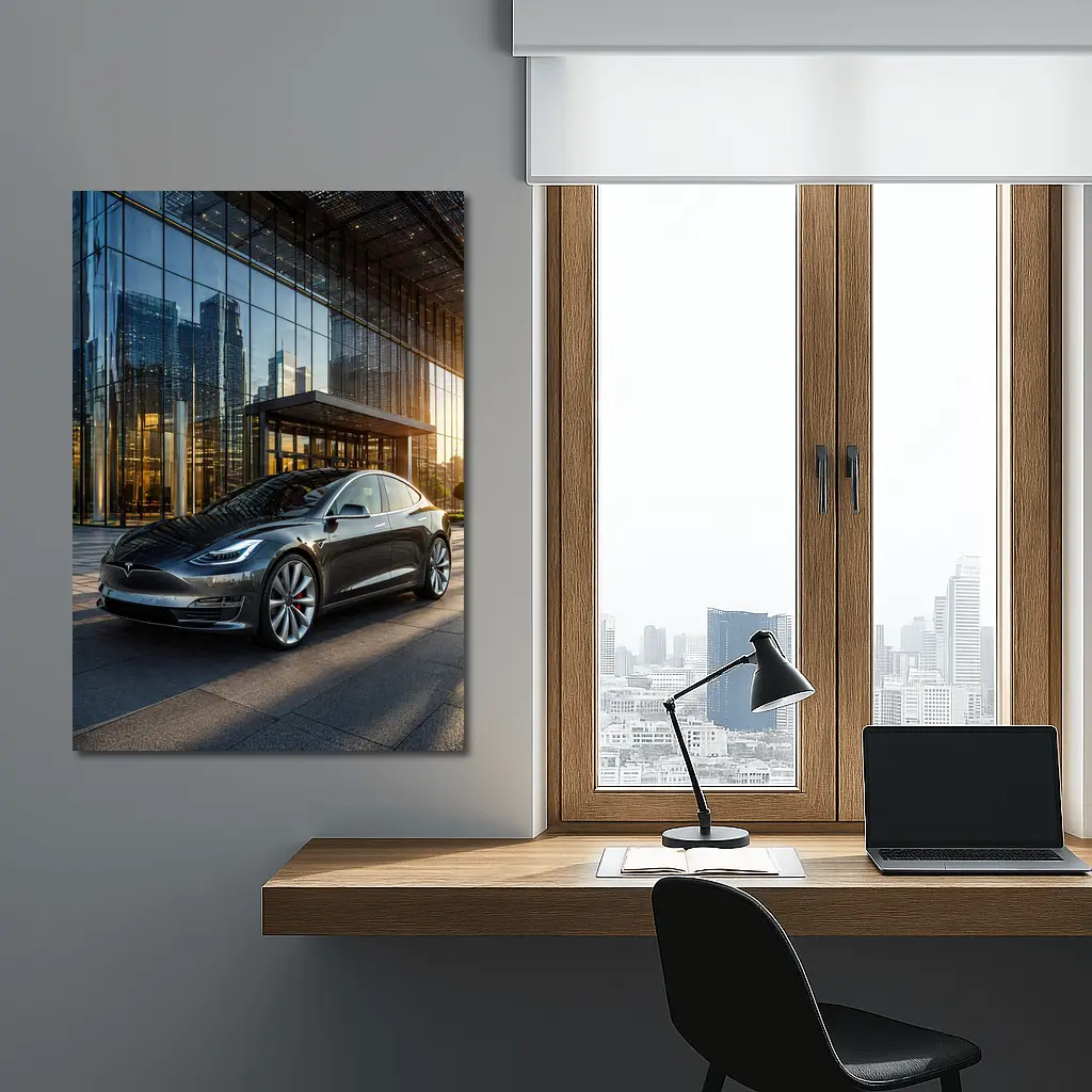 Tesla Model S Gray City Glass Building – Wall Art
