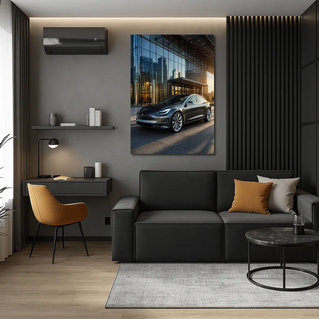 Tesla Model S Gray City Glass Building – Wall Art