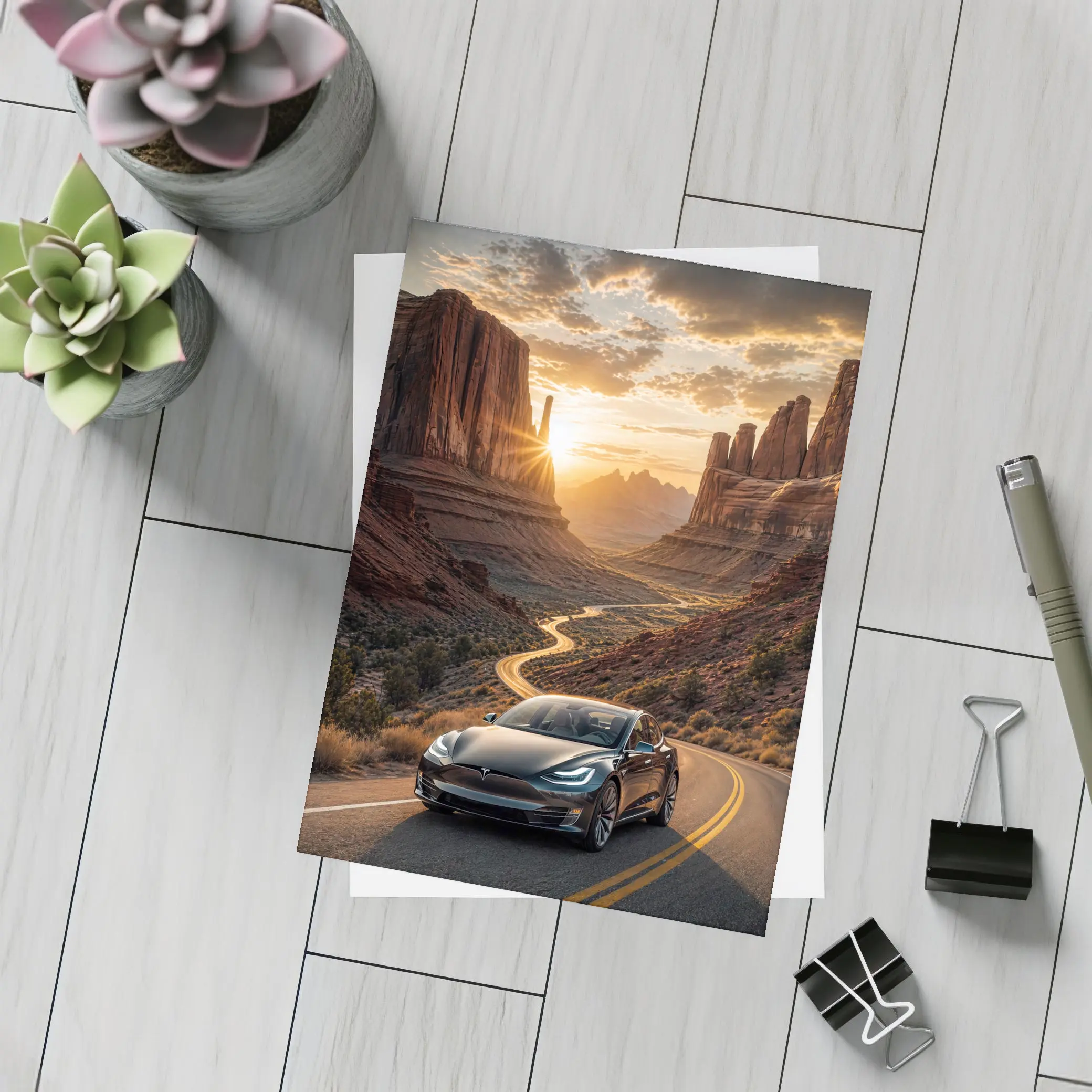 Tesla Model S Desert Canyon Sunset Drive – Postcards
