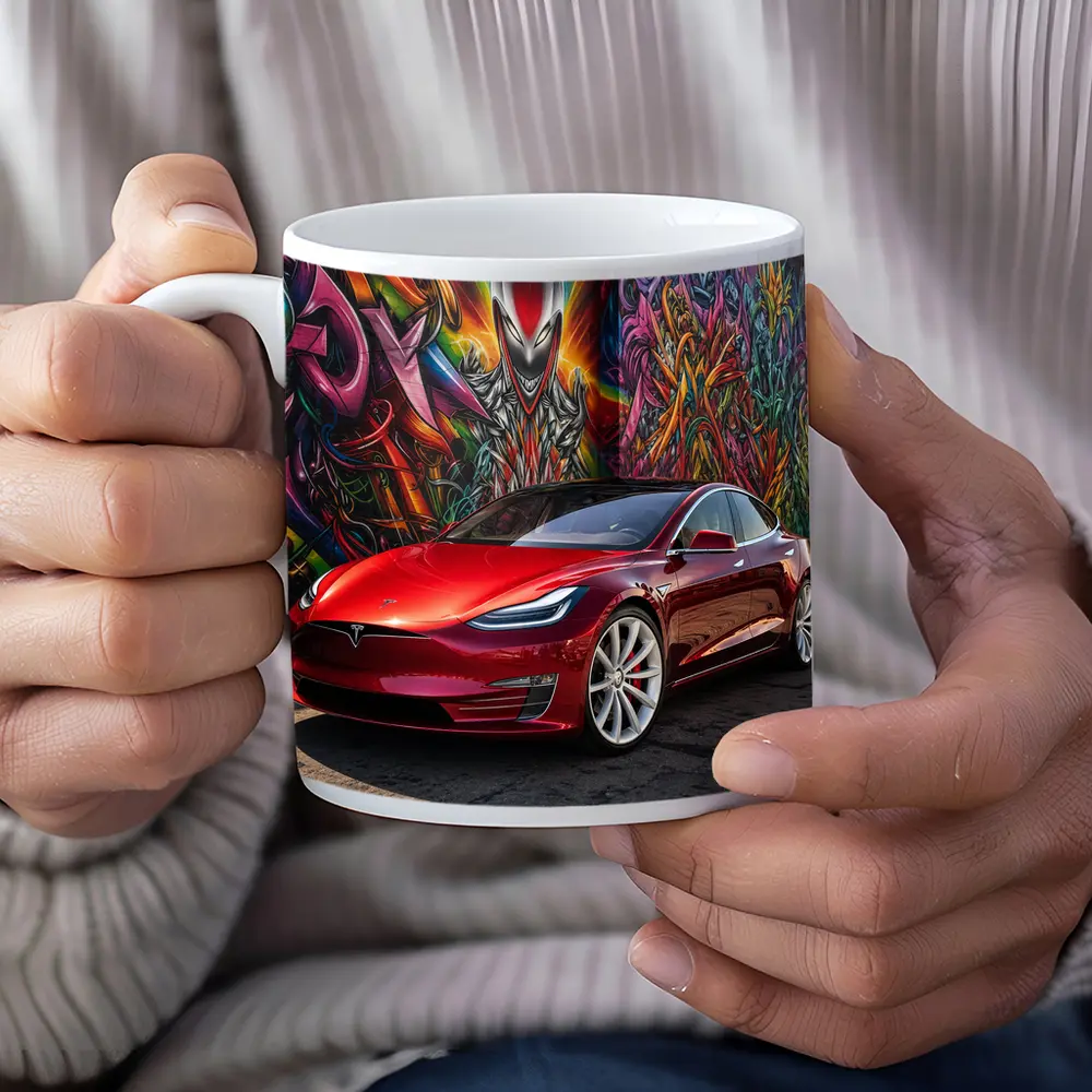 Tesla Model S Red Graffiti Mural Background – Mugs