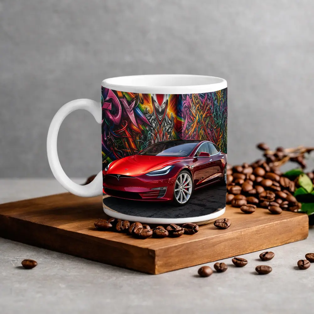 Tesla Model S Red Graffiti Mural Background – Mugs