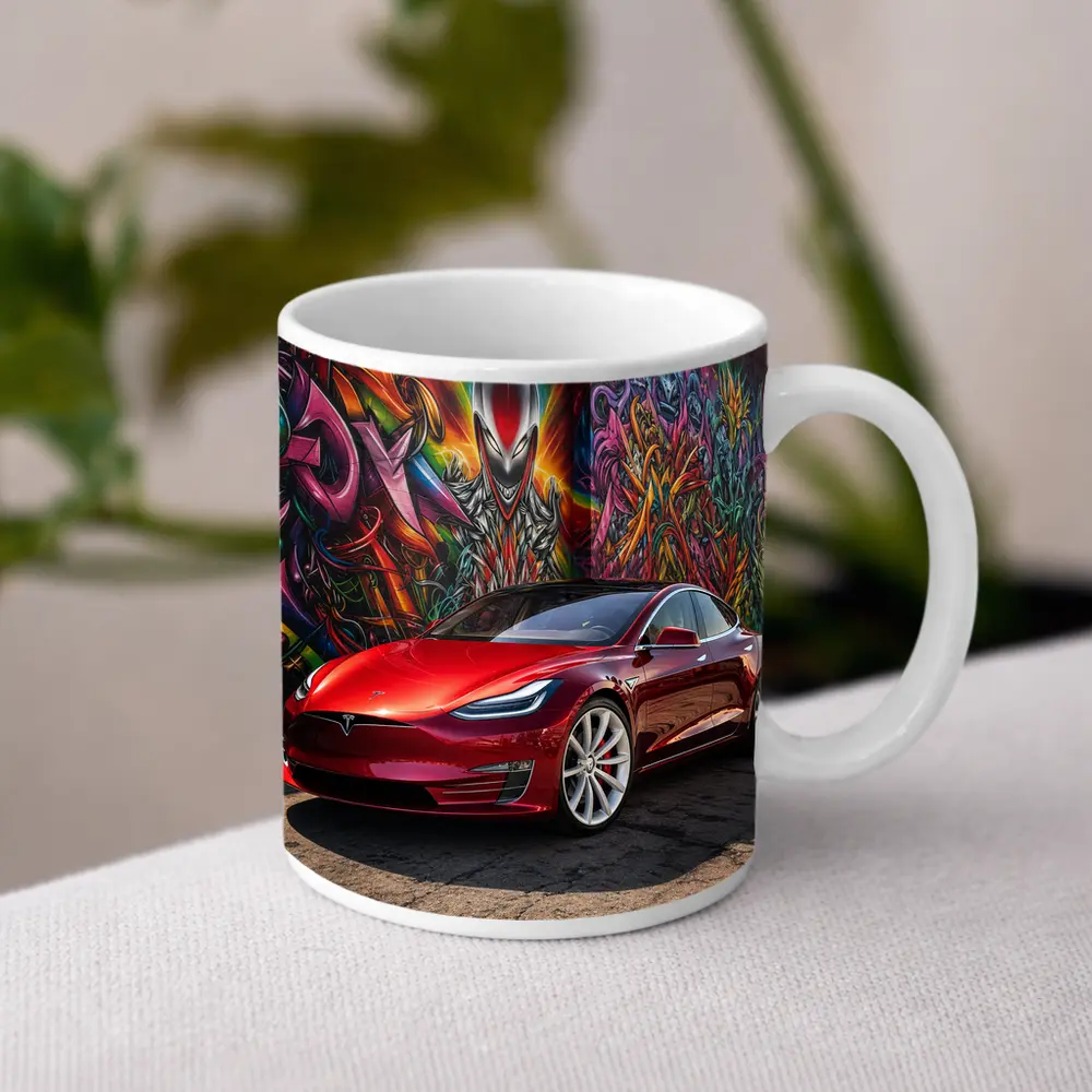 Tesla Model S Red Graffiti Mural Background – Mugs