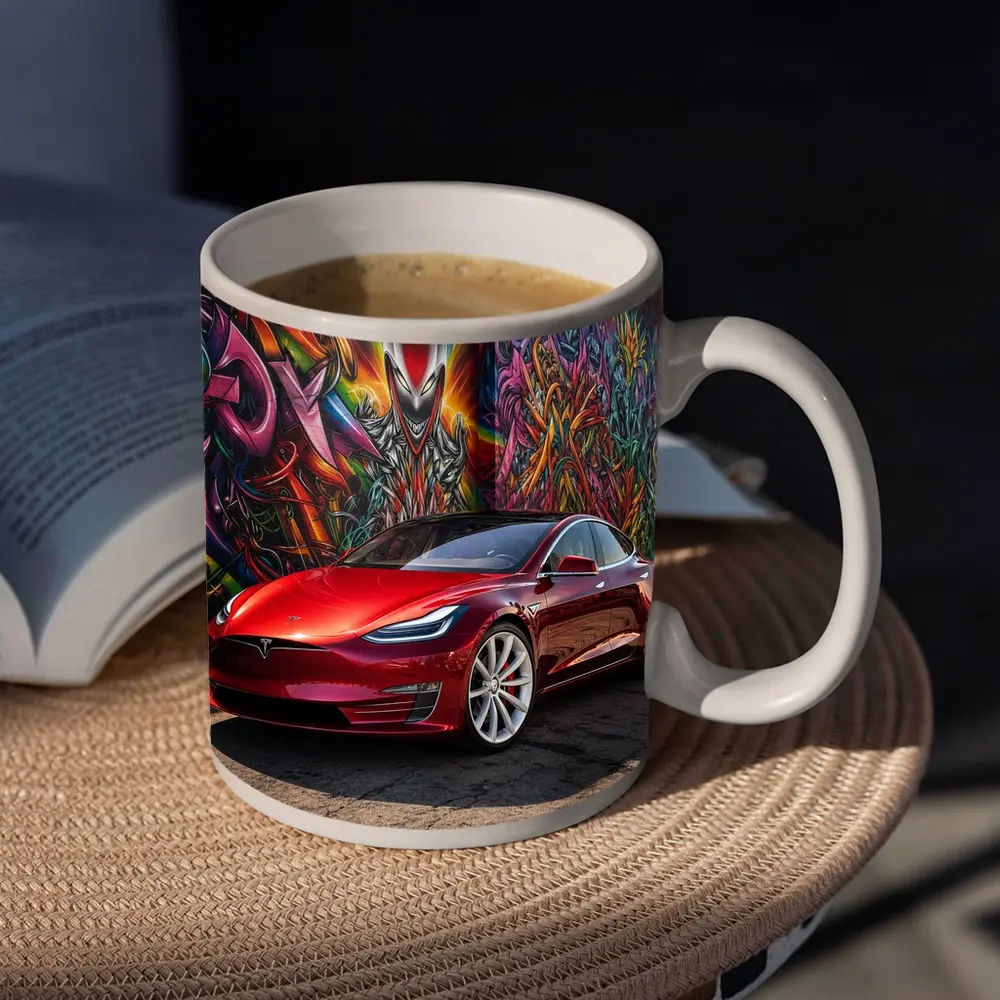 Tesla Model S Red Graffiti Mural Background – Mugs