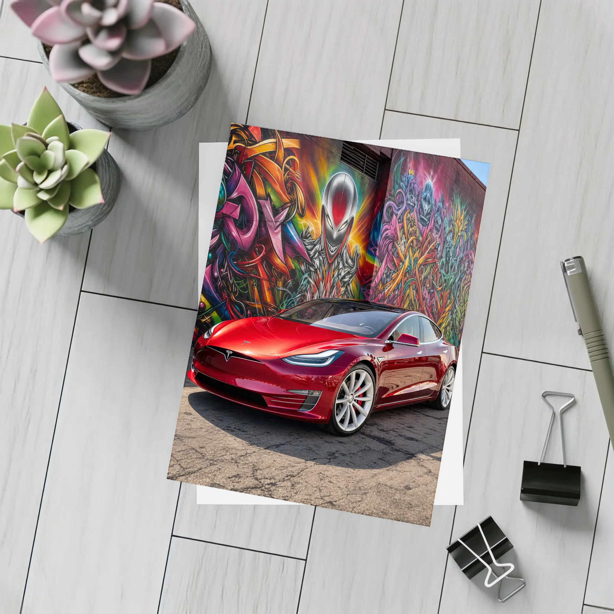 Tesla Model S Red Graffiti Mural Background – Postcards