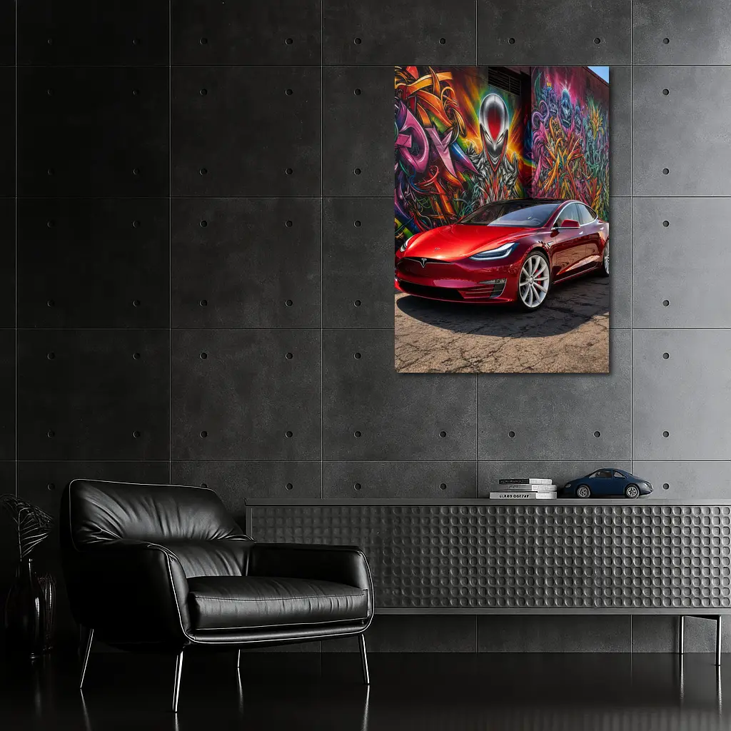 Tesla Model S Red Graffiti Mural Background – Wall Art