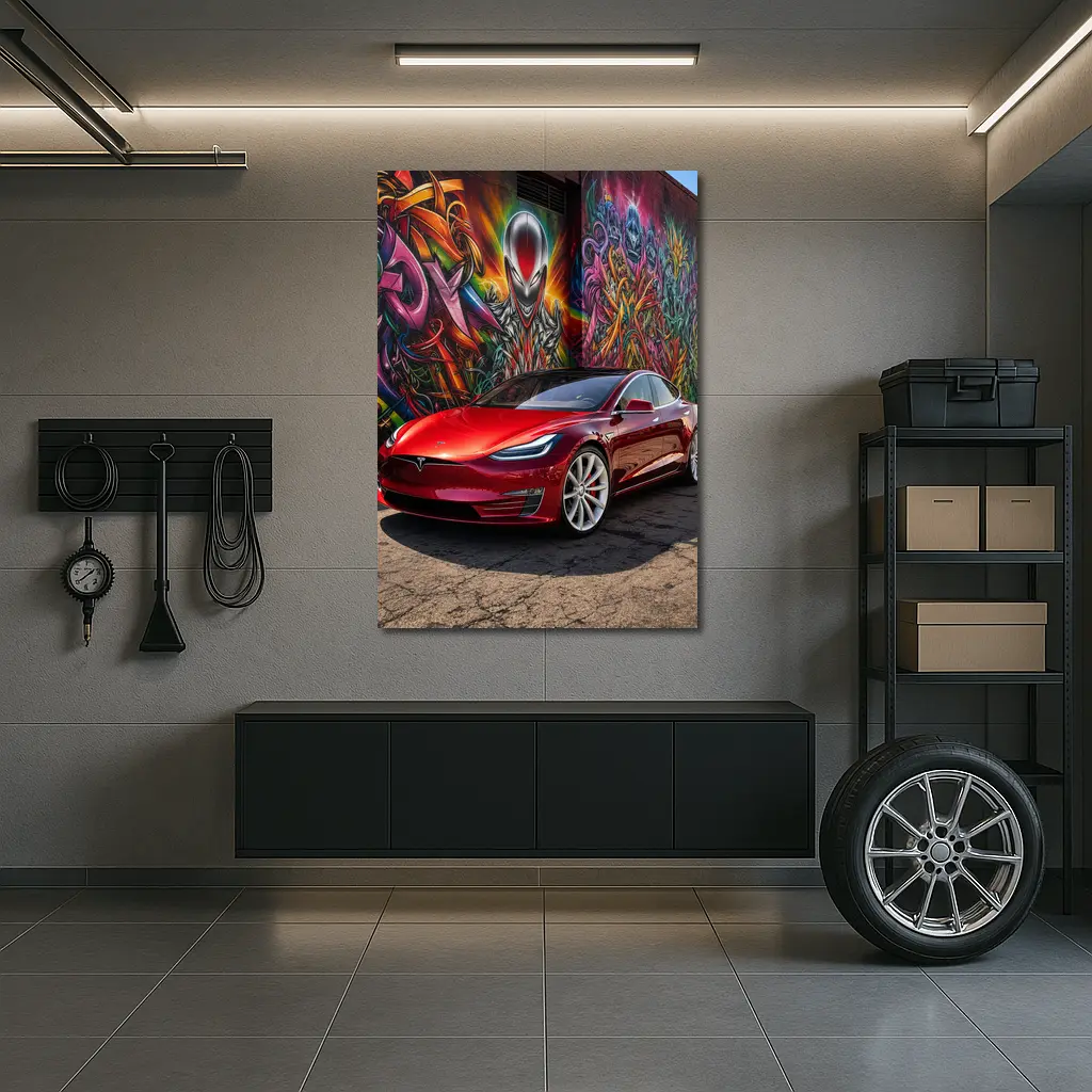 Tesla Model S Red Graffiti Mural Background – Wall Art