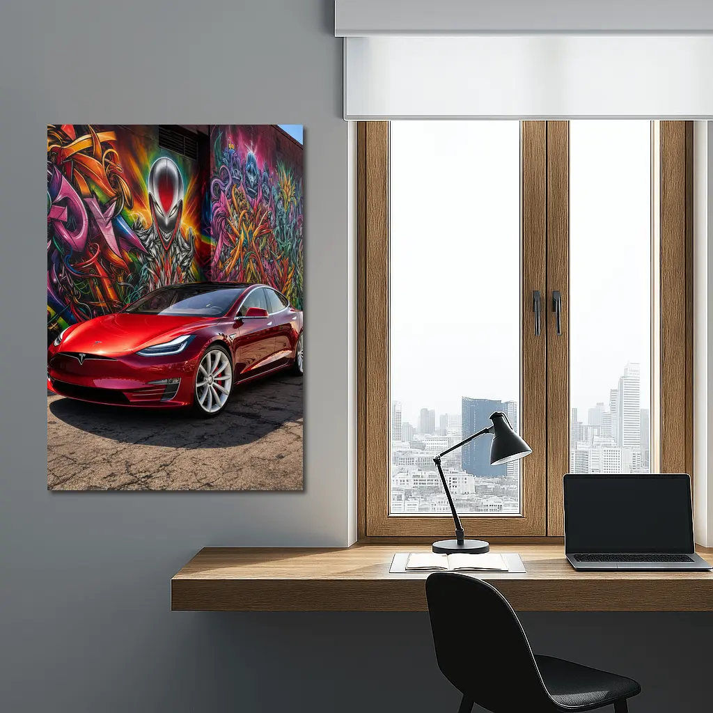 Tesla Model S Red Graffiti Mural Background – Wall Art