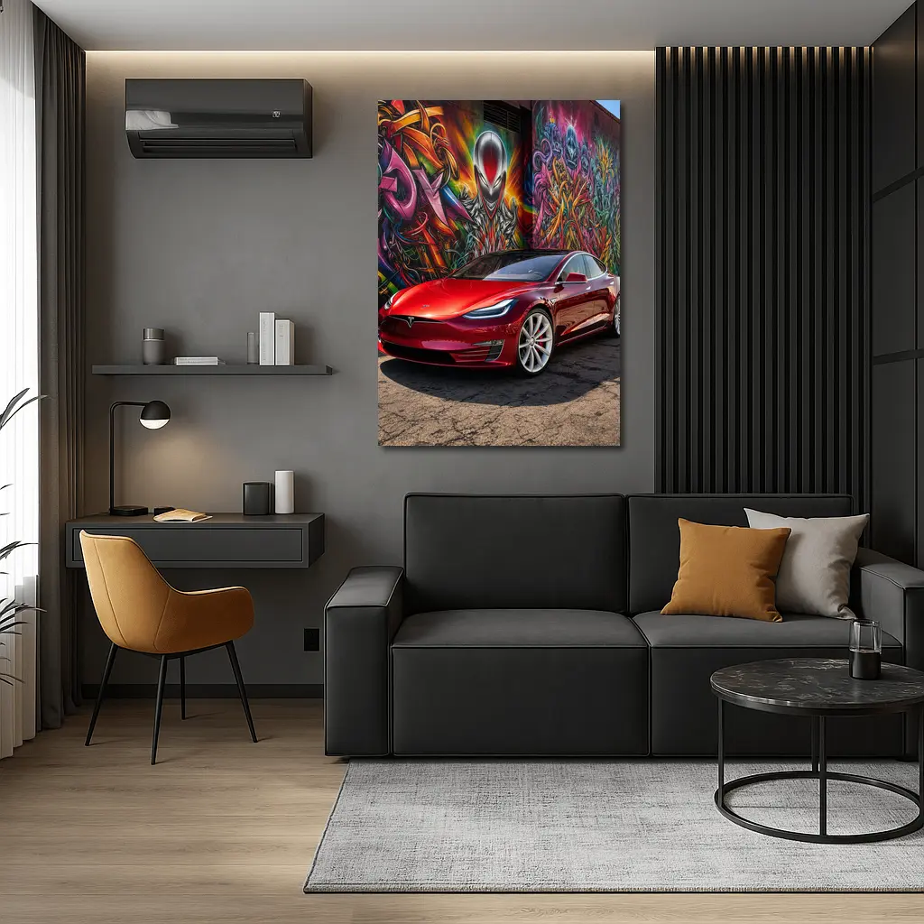 Tesla Model S Red Graffiti Mural Background – Wall Art