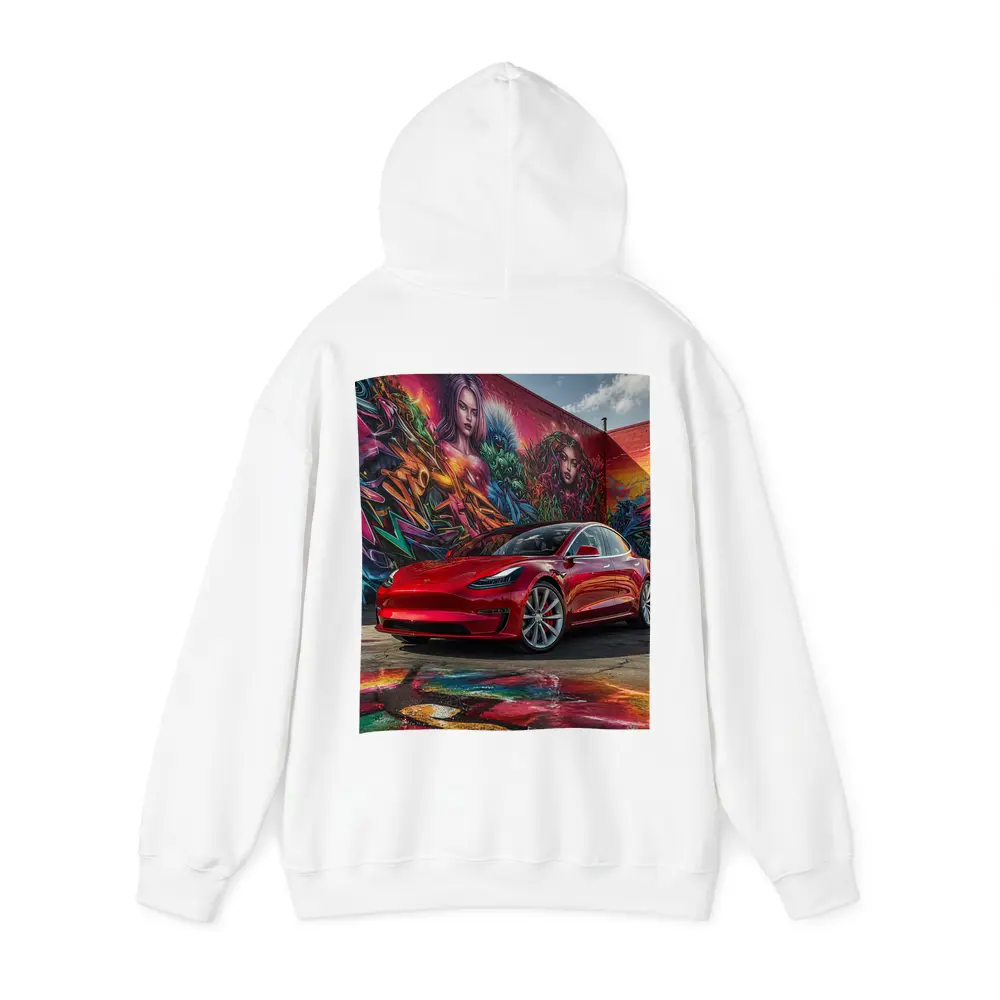 Red Tesla Model 3 Graffiti Mural Background – Hoodies