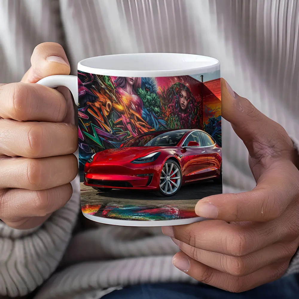 Red Tesla Model 3 Graffiti Mural Background – Mugs