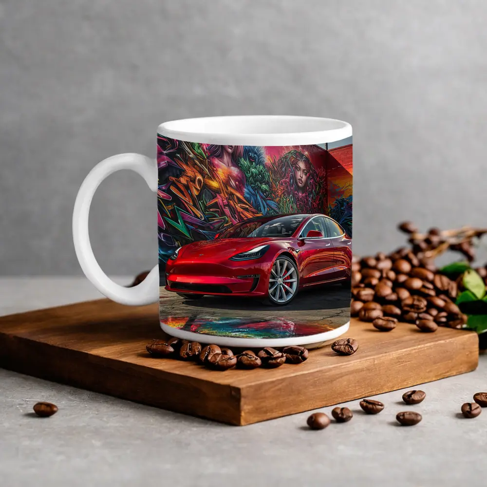 Red Tesla Model 3 Graffiti Mural Background – Mugs