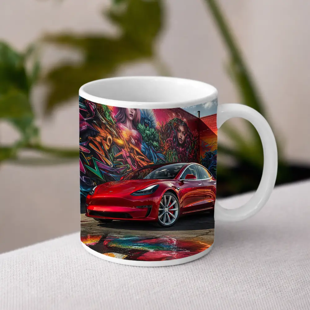 Red Tesla Model 3 Graffiti Mural Background – Mugs