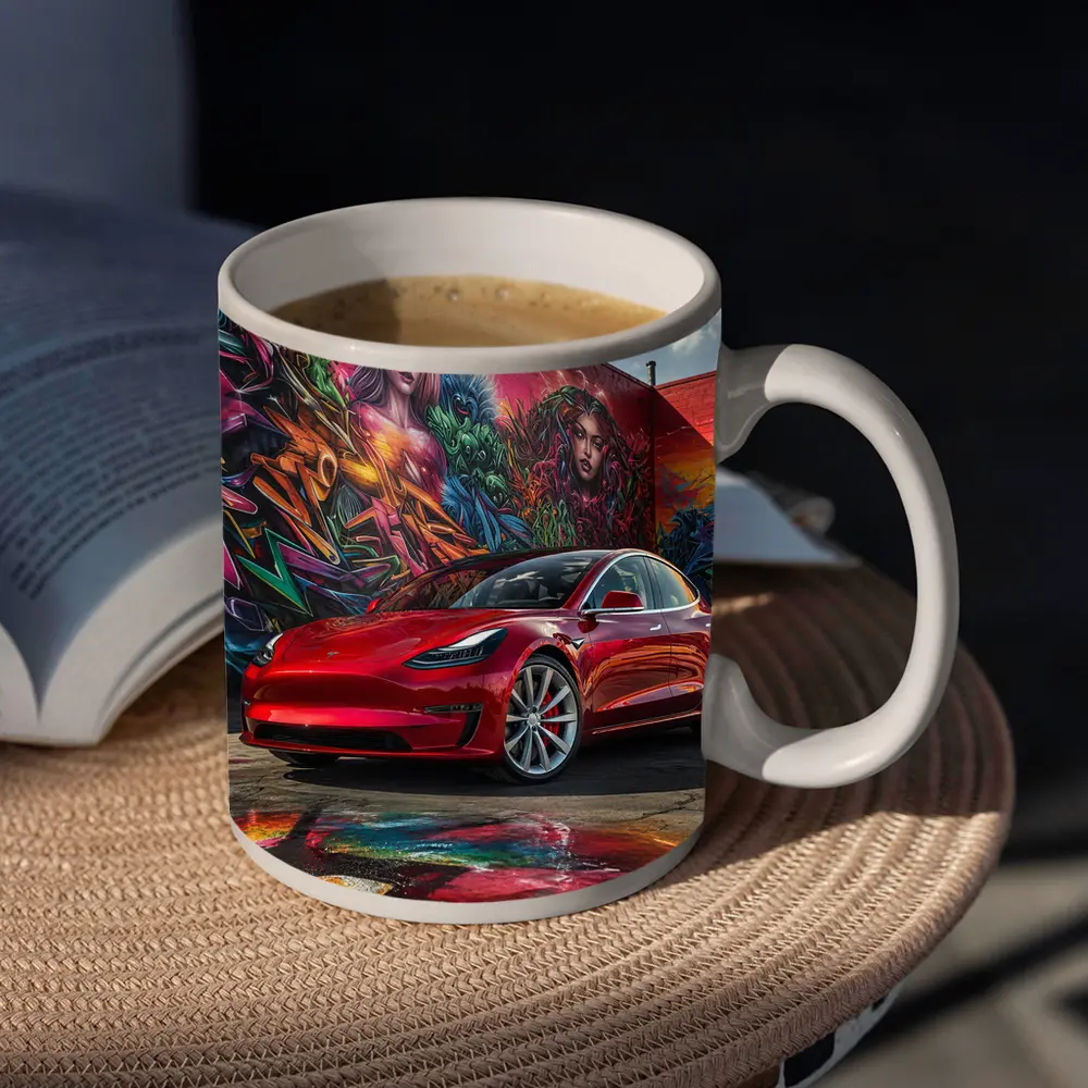Red Tesla Model 3 Graffiti Mural Background – Mugs