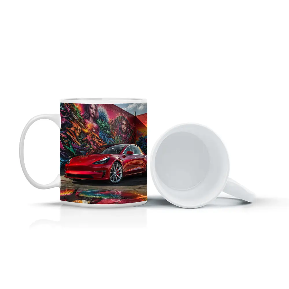 Red Tesla Model 3 Graffiti Mural Background – Mugs