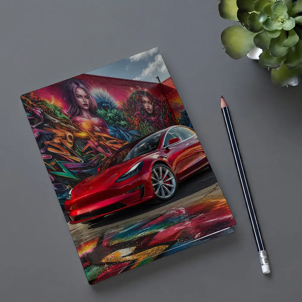 Red Tesla Model 3 Graffiti Mural Background – Notebooks