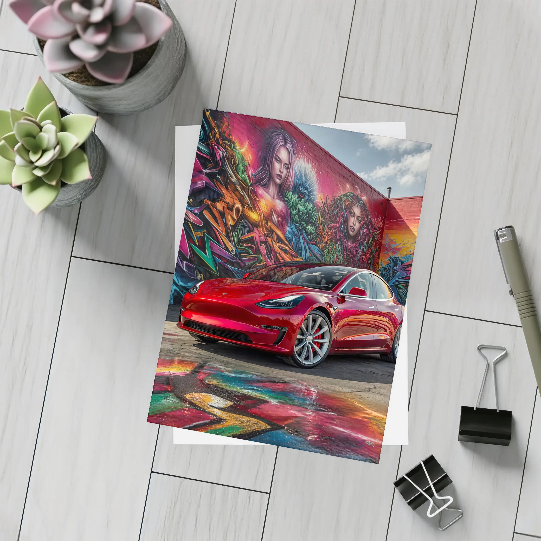 Red Tesla Model 3 Graffiti Mural Background – Postcards