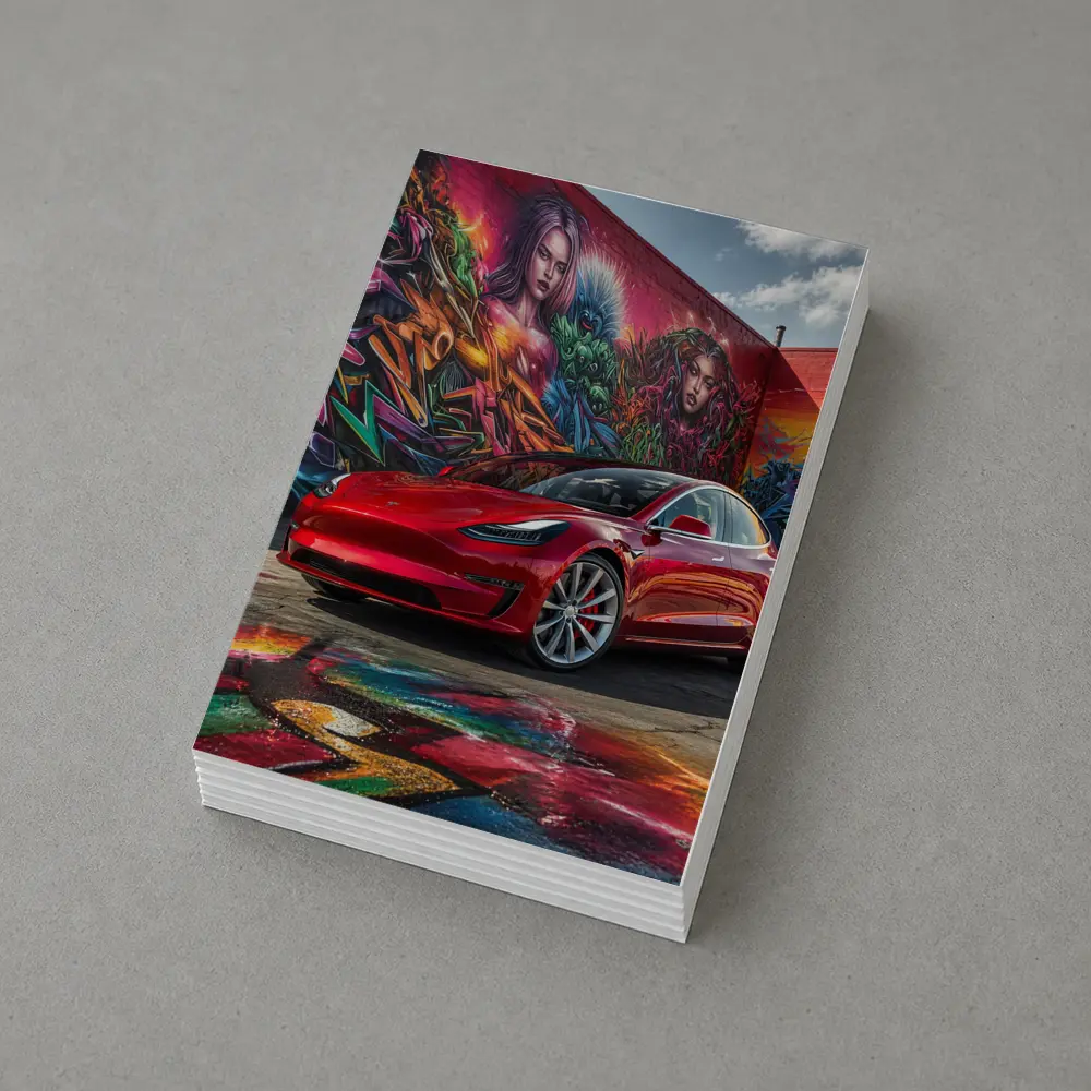 Red Tesla Model 3 Graffiti Mural Background – Postcards
