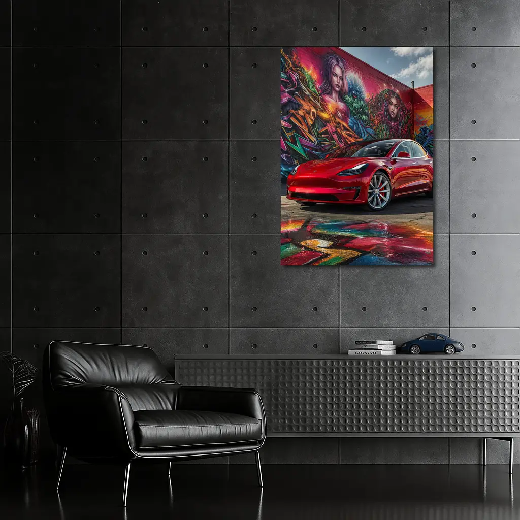 Red Tesla Model 3 Graffiti Mural Background – Wall Art