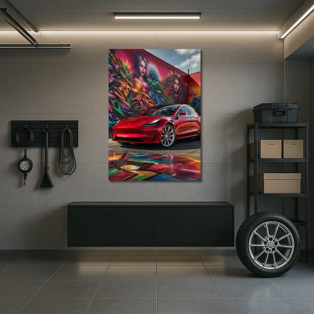 Red Tesla Model 3 Graffiti Mural Background – Wall Art