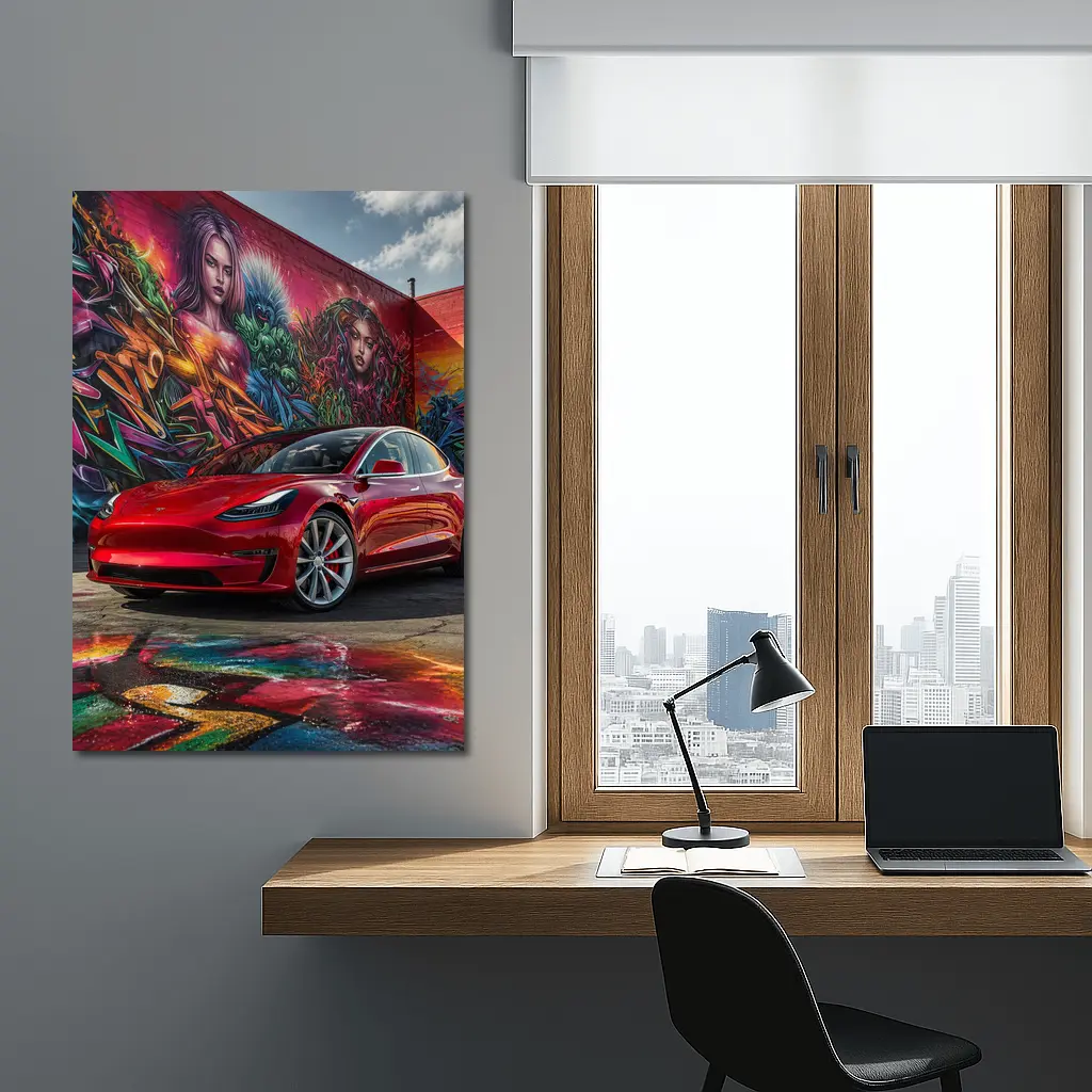 Red Tesla Model 3 Graffiti Mural Background – Wall Art