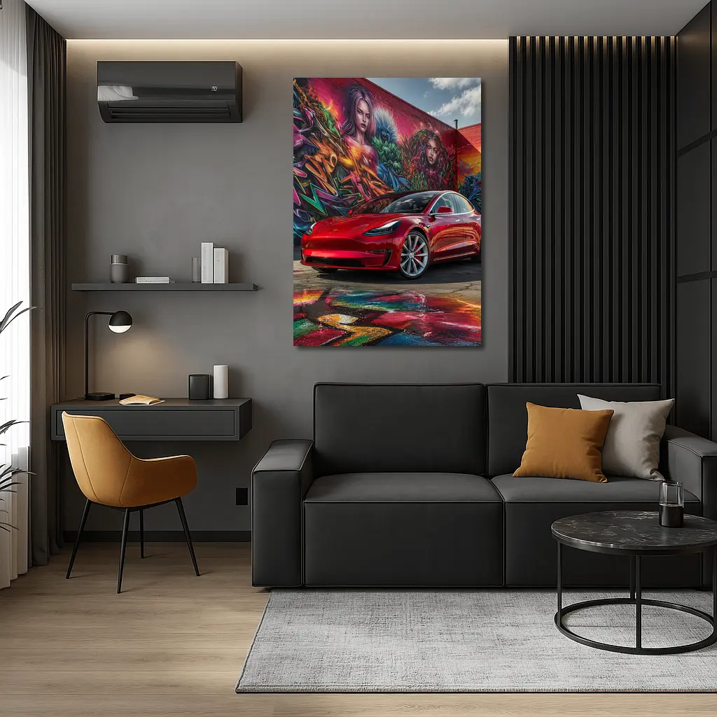 Red Tesla Model 3 Graffiti Mural Background – Wall Art