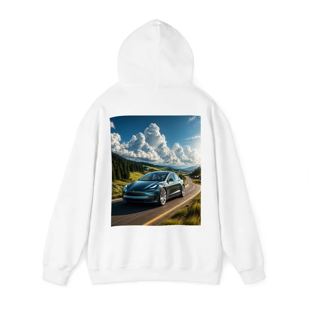 Tesla Model 3 Driving Mountain Road Landscape – Hoodies