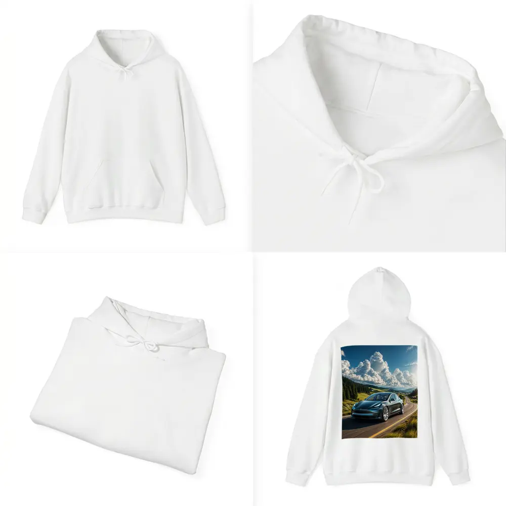 Tesla Model 3 Driving Mountain Road Landscape – Hoodies