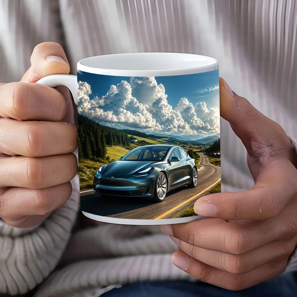 Tesla Model 3 Driving Mountain Road Landscape – Mugs
