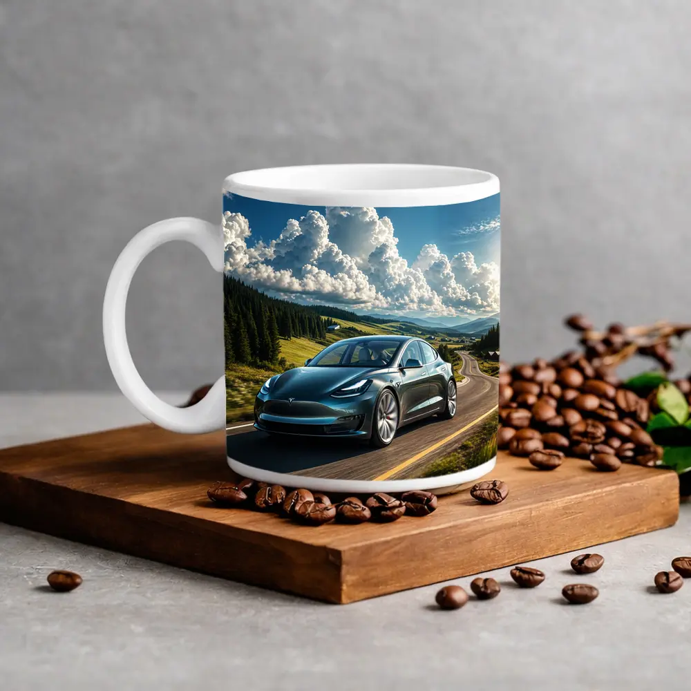 Tesla Model 3 Driving Mountain Road Landscape – Mugs