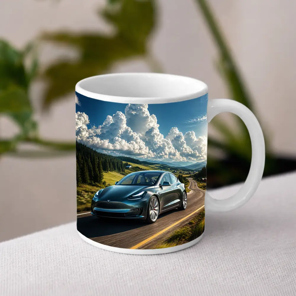 Tesla Model 3 Driving Mountain Road Landscape – Mugs