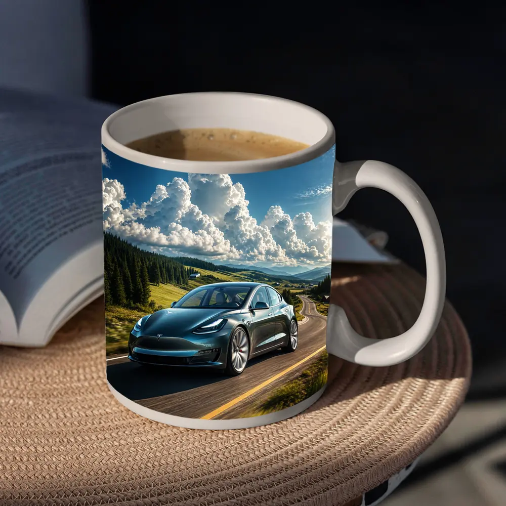 Tesla Model 3 Driving Mountain Road Landscape – Mugs