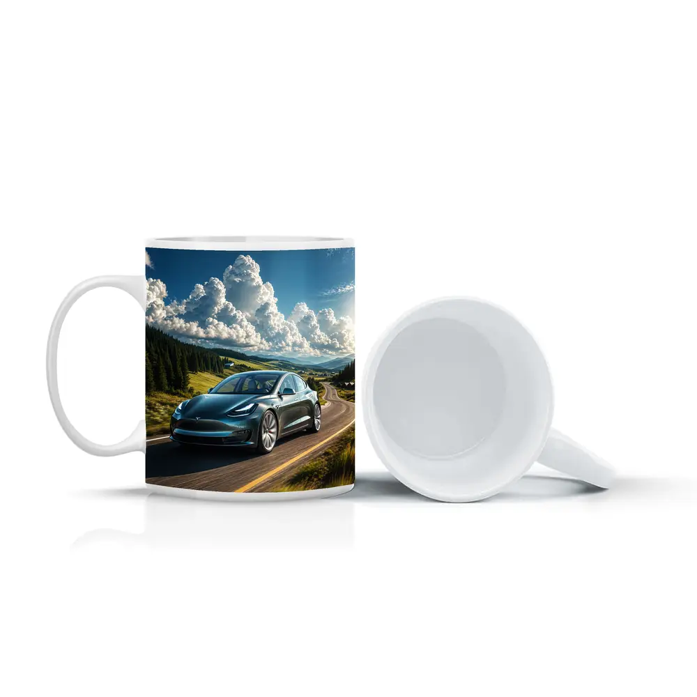 Tesla Model 3 Driving Mountain Road Landscape – Mugs