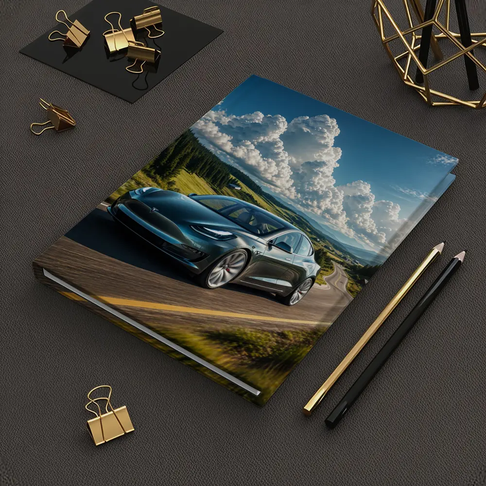 Tesla Model 3 Driving Mountain Road Landscape – Notebooks