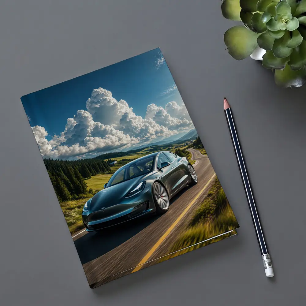 Tesla Model 3 Driving Mountain Road Landscape – Notebooks