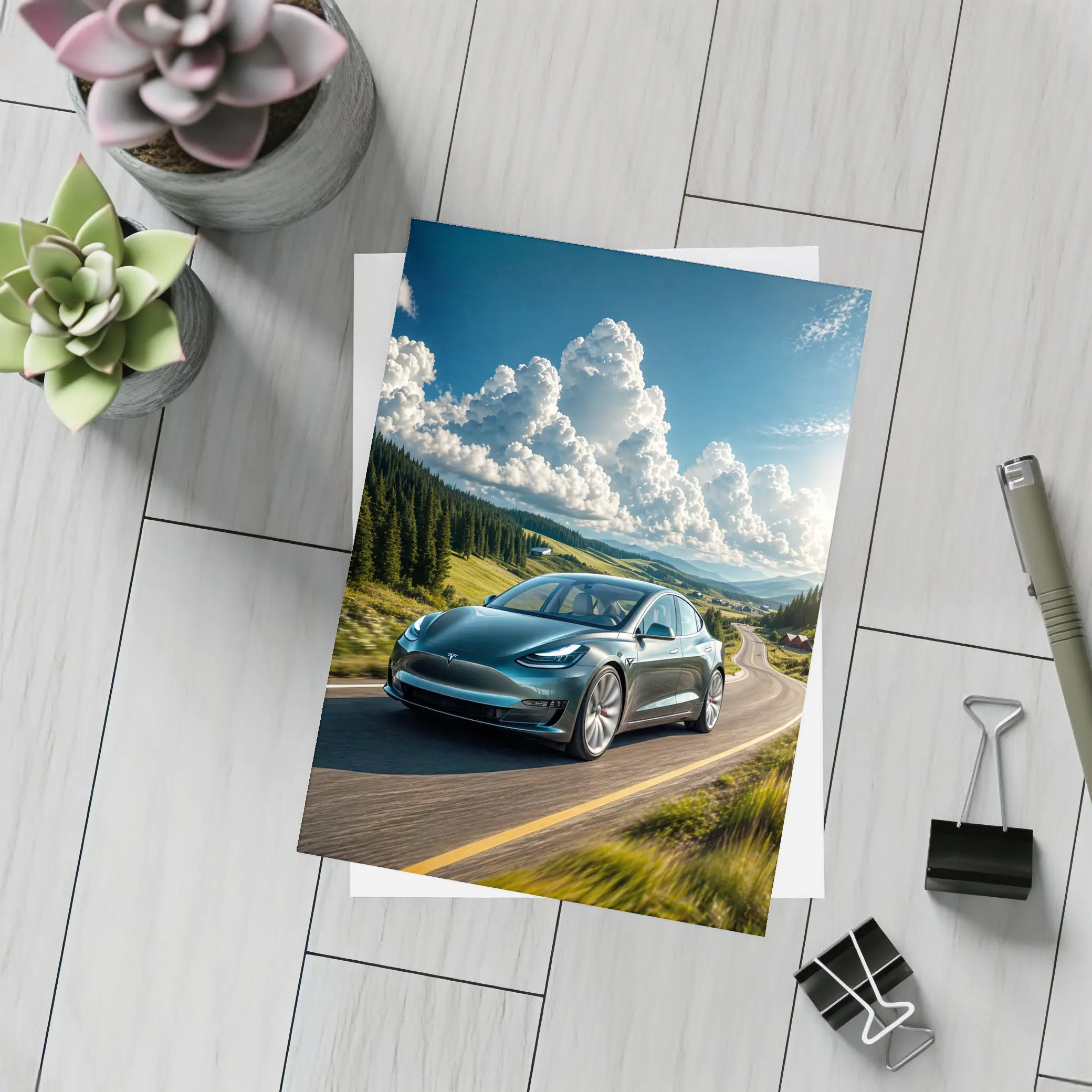Tesla Model 3 Driving Mountain Road Landscape – Postcards