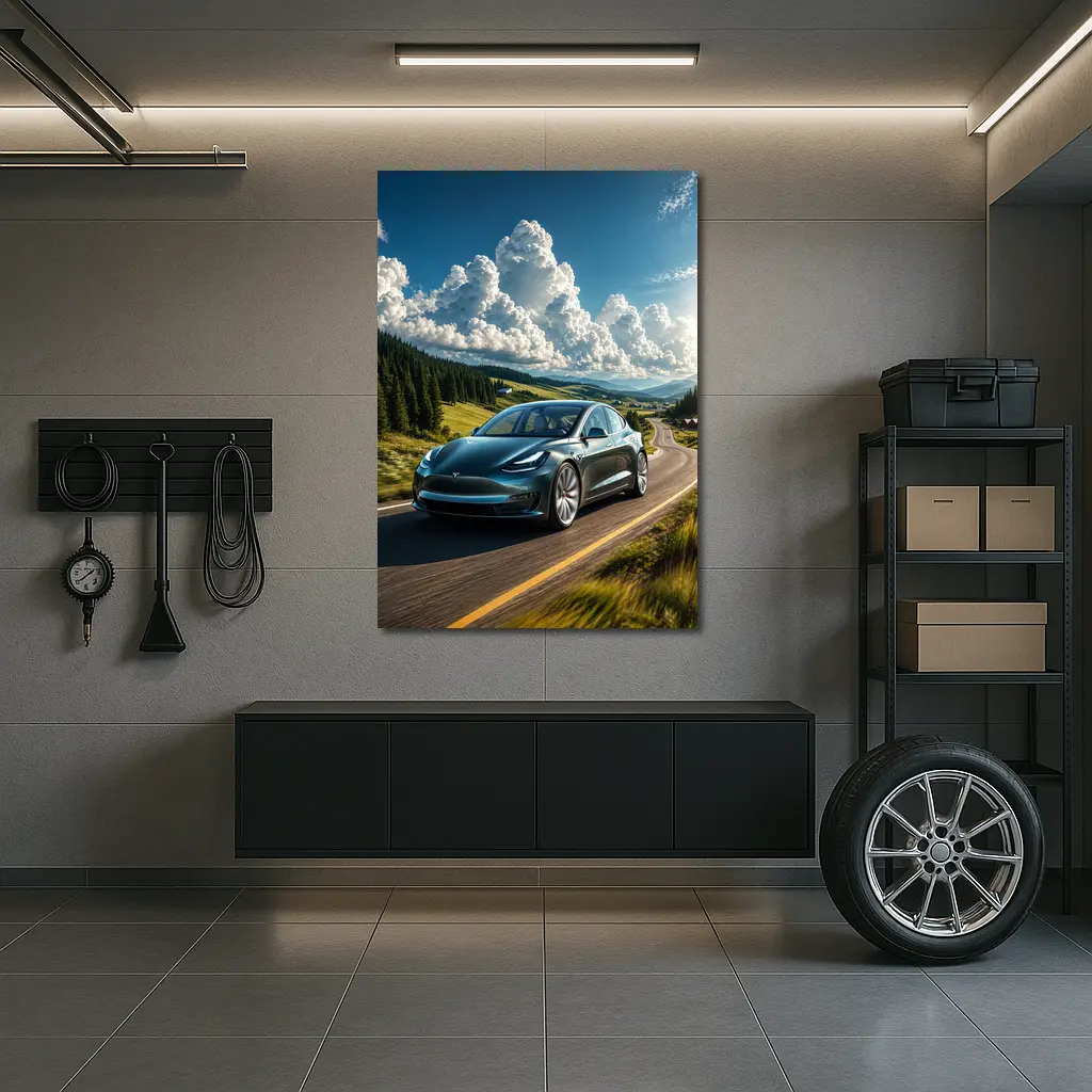 Tesla Model 3 Driving Mountain Road Landscape – Wall Art