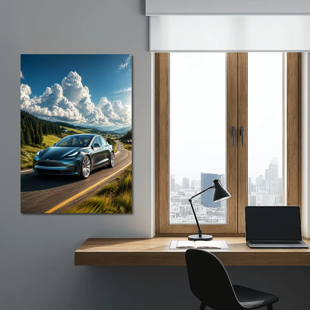 Tesla Model 3 Driving Mountain Road Landscape – Wall Art