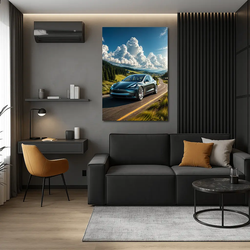 Tesla Model 3 Driving Mountain Road Landscape – Wall Art
