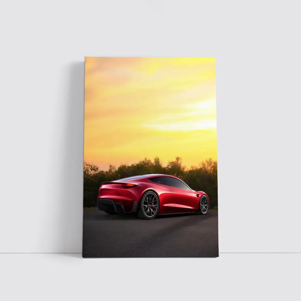 Tesla Roadster Red Car Sunset Sky – Wall Art