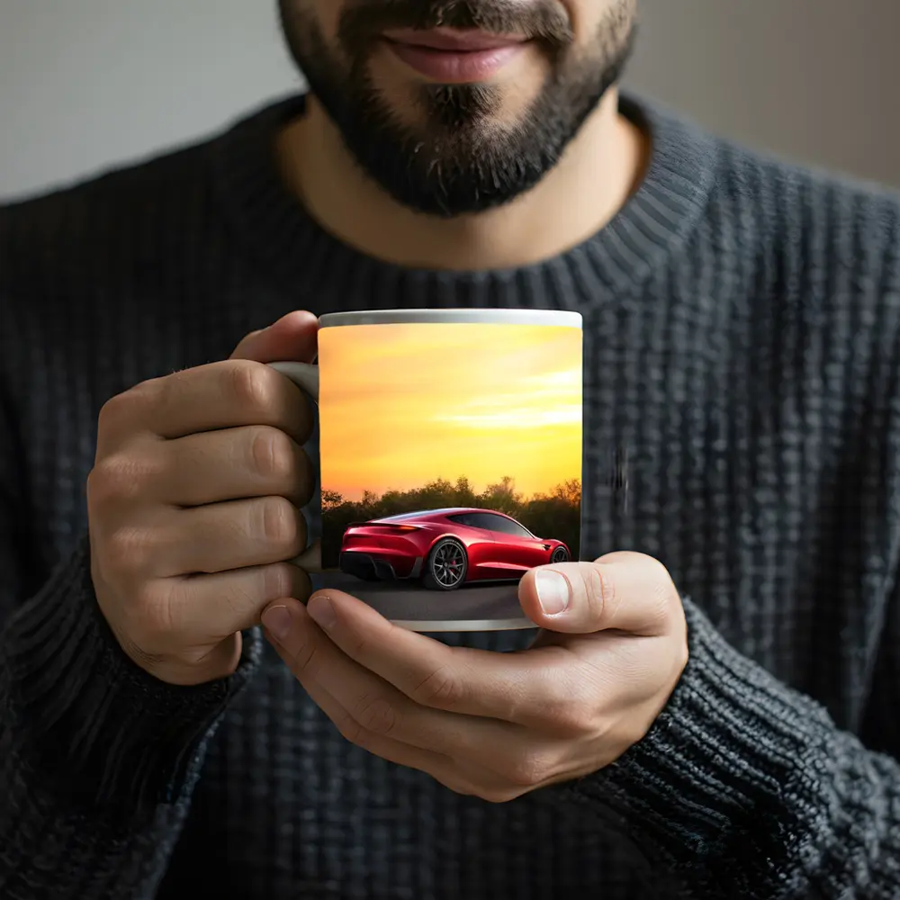 Tesla Roadster Red Car Sunset Sky – Mugs