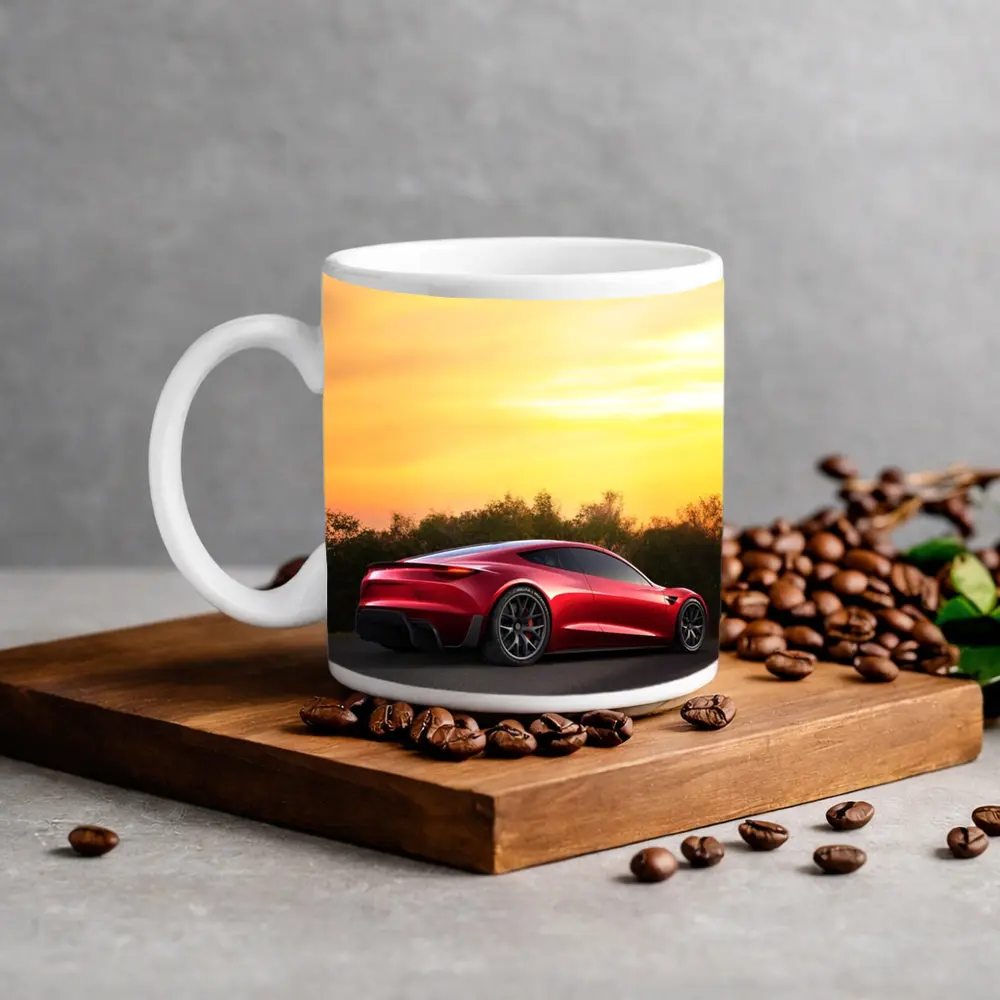 Tesla Roadster Red Car Sunset Sky – Mugs